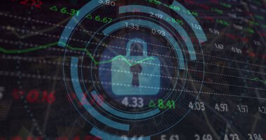 Asma kilit simgesiyle tarama alanı görüntüsü ve kara fon üzerinde borsa grafiği. Küresel teknoloji, çevrimiçi güvenlik ve dijital arayüz kavramı dijital olarak oluşturulmuş görüntü.