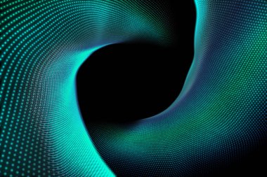 Mavi dalga şeklindeki yeşil noktaların siyah arkaplana karşı soyut çizimi. Fütürist teknoloji konseptinin çizimi