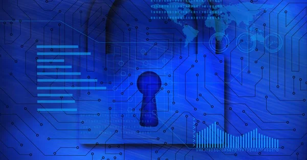 Composition of digital security padlock, world map over computer circuit board on blue background. global technology, data processing and digital interface concept digitally generated image.