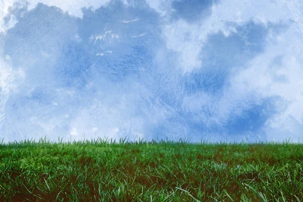 Illustrazione Astratta Della Trama Sovrapposizione Angosciata Contro Erba Verde Nuvole — Foto Stock