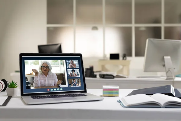 Diverse Group People Having Business Video Call Screen Laptop Desk — Stock Photo, Image