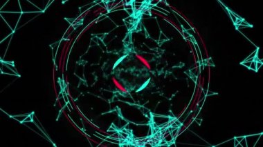 Parlayan yeşil bağlantı ağının animasyonu ve siyah arkaplanda hareket eden titreşen bir dürbün. küresel ağ dijital arayüz konsepti dijital olarak oluşturulmuş görüntü.