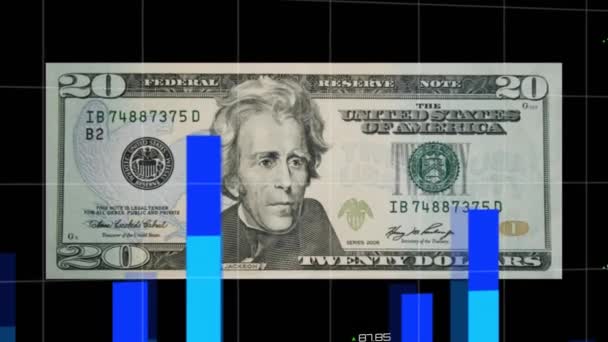 Animation Wie Amerikanische Dollarnoten Hintergrund Weltkarte Und Finanzdatenverarbeitung Der Börse — Stockvideo