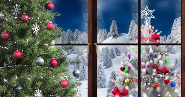 Animáció Téli Táj Látható Ablakon Keresztül Díszített Karácsonyfa Kék Háttér — Stock videók