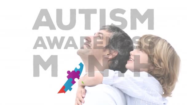 Animation Multi Coloured Puzzle Elements Forming Ribbon Autism Awareness Month — Stock Video