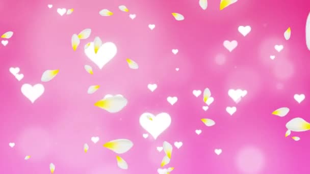 ピンクの背景に催眠動作で移動する複数の心 花びらや光の輝くスポットのアニメーション 色と動きの概念デジタル生成された画像 — ストック動画