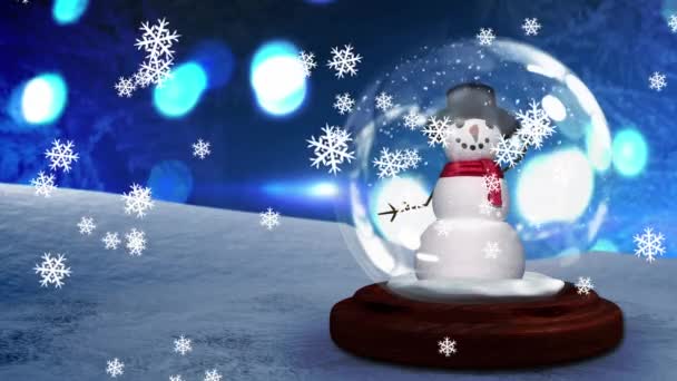 Animation Winter Scenery Glass Ball Snowflakes Falling Dark Blue Background — Stock Video