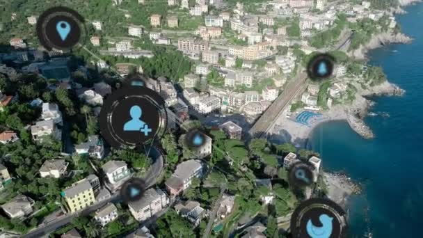 Анімація Мережі Язків Соціальних Мереж Піктограм Мап Рухаються Над Повітряним — стокове відео