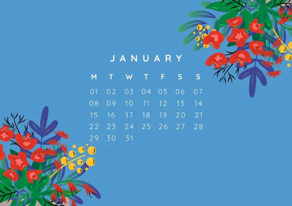Ocak Metninin Kompozisyonu Mavi Arkaplandaki Sayılar Çiçekler Üzerinde Takvim Oluşturucu — Stok fotoğraf