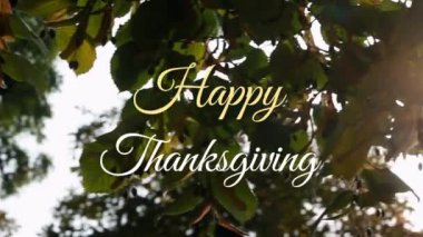 Mutlu Şükran Günü metninin animasyonu ağaçlardaki yaprakların üzerinde. Şükran Günü, gelenek ve kutlama konsepti dijital olarak oluşturuldu.