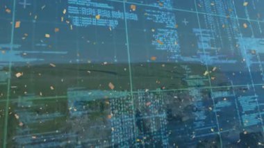 Şebeke üzerine düşen konfetilerin animasyonu ve veri ve manzara işlemesi. Küresel iletişim, kutlama, dijital arayüz ve dijital olarak oluşturulmuş video konsepti.