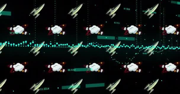 Animação Gráficos Processamento Dados Sobre Foguetes Nuvens Fundo Preto Ciência — Vídeo de Stock