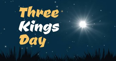 Üç kralın parlak ışık huzmesi ve yıldızlı gökyüzüne karşı çimenli toprakların üzerinde yazılmış bir resmi. Gece, kopyalama alanı, doğa, aydınlanma, Hıristiyanlık, gelenek, tatil ve kutlama konsepti.