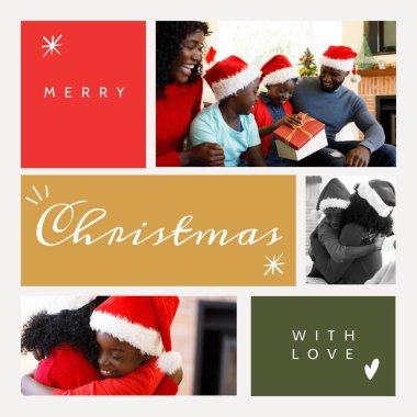 Afro-Amerikan ailesinin hediyeli mutlu noel mesajının kompozisyonu. Noel ve kutlama konsepti dijital olarak oluşturuldu.