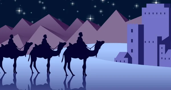 Ilustración Tres Sabios Montados Camellos Contra Montañas Estrellas Brillantes Por — Foto de Stock