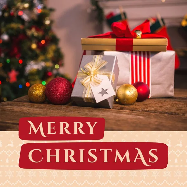 Composição Texto Natal Alegre Sobre Decorações Presentes Natal Celebração Conceito — Fotografia de Stock