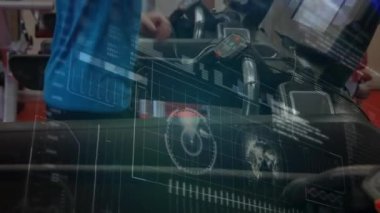 Arka planda koşu bandında koşan beyaz bir adamla veri işleme, tarama ve analitik animasyon.