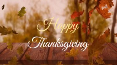 Sonbahar yaprakları ve ahşap yüzeyde mutlu şükran günlerinin animasyonu. Şükran Günü geleneği ve dijital olarak oluşturulan kutlama konsepti.