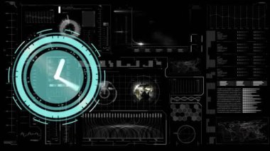 Koyu arkaplandaki saat ve istatistik işlemlerinin animasyonu. Dijital arayüz teknolojisi ve ağ konsepti dijital olarak oluşturuldu.