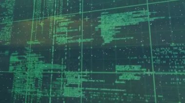 Izgaraya düşen karın animasyonu ve siyah arkaplandaki verileri işlemek. Küresel iletişim, iş dünyası, dijital arayüz ve dijital olarak oluşturulmuş video konsepti.