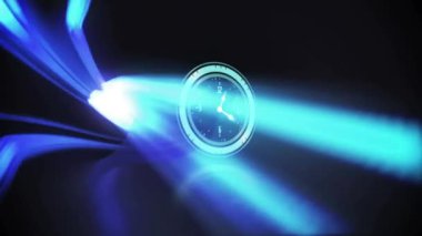 Dijital spot ışıklarının üzerinde ilerleyen saatin animasyonu. Küresel teknoloji ve dijital arayüz konsepti dijital olarak oluşturuldu.