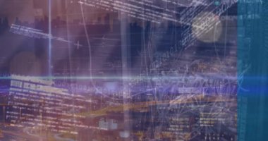 Şehir manzarası üzerinde finansal veri işleme animasyonu. Küresel iş ve veri işleme kavramı dijital video oluşturuldu.