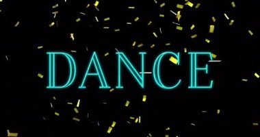 Karanlık arka planda düşen konfeti üzerine dans metninin animasyonu. Küresel sosyal medya ve eğitim kavramı dijital video oluşturuldu.