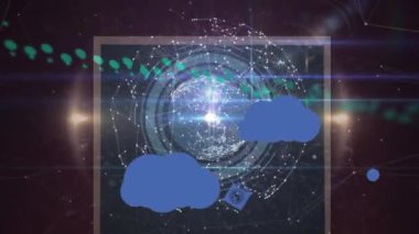 Dünyayı oluşturan noktaların animasyonu, soyut şekiller ve bulutlarda asılı ikonların olduğu dijital saat. Dijital olarak üretilmiş, hologram, küresel bağlantı, zaman, geri sayım, bulut hesaplama, teknoloji.