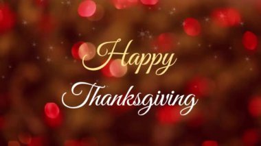 Kar yağışının animasyonu ve ışık noktalarından geçen mutlu şükran günü metinleri. Şükran Günü, gelenek ve kutlama konsepti dijital olarak oluşturuldu.