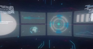 Siyah arka plandaki ekranlarda küre, grafik ve veri işleme animasyonları. Küresel iletişim ağı, dijital arayüz ve dijital olarak oluşturulmuş video konsepti.