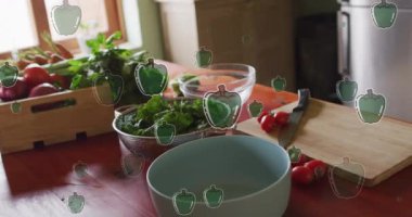 Biber ikonlarının sebze kaselerinde canlandırılması. Aile, yemek ve dijital arayüz konsepti dijital olarak oluşturulmuş video.