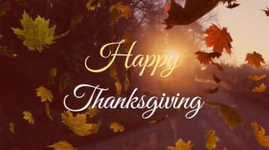 Parkta düşen yapraklarla ilgili mutlu şükran günü mesajlarının animasyonu. Şükran Günü geleneği ve dijital olarak oluşturulan kutlama konsepti.