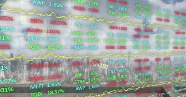 Şehir dışında finansal veri işleme animasyonu. Küresel veri işleme kavramı dijital oluşturulmuş video.