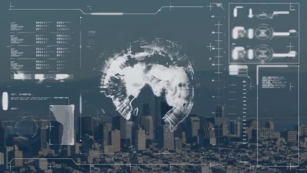 Анимация Обработки Глобусов Цифровых Данных Городу Глобальная Концепция Обработки Данных — стоковое видео