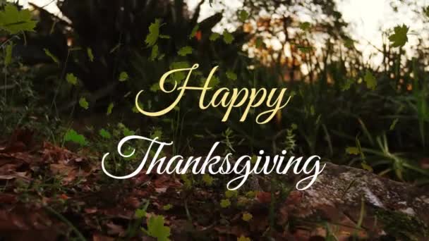 公園の木々の上に紅葉と幸せな感謝祭のテキストのアニメーション 感謝祭とお祝いのコンセプトデジタル生成ビデオ — ストック動画