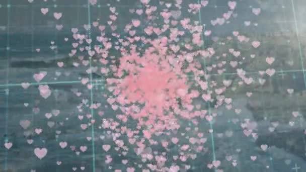 Animacja Różowych Serc Unoszących Się Nad Siatką Krajobrazem Morskim Globalna — Wideo stockowe