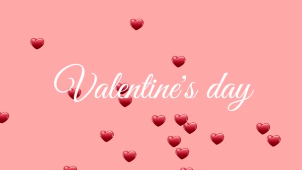 白い文字で書かれたバレンタインデーという言葉のアニメーション 淡いピンクの背景に赤いハート型の風船が浮かんでいます — ストック動画