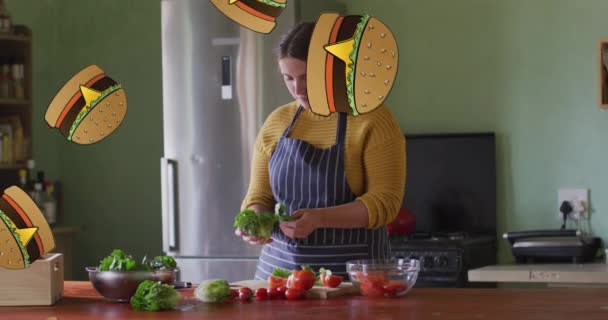 Animáció Hamburger Ikonok Felett Kaukázusi Főzés Családi Élelmiszer Digitális Interfész — Stock videók