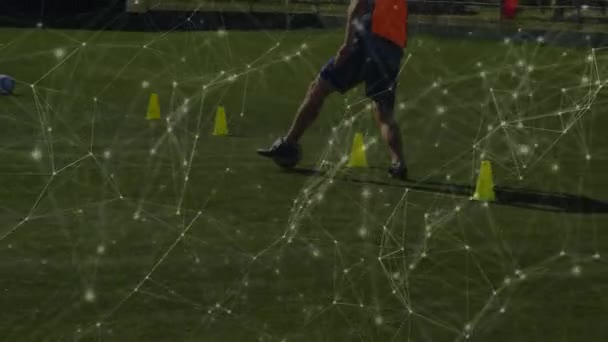 Animation Complex Network Connections Low Section Team Football Players Training — Stock Video