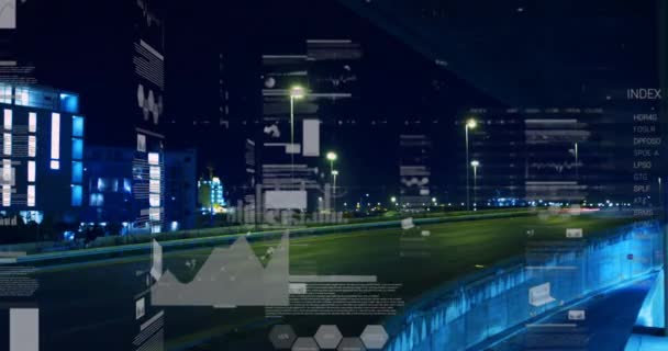 Animatie Van Digitale Gegevensverwerking Nachtelijk Stadsbeeld Globaal Gegevensverwerkingsconcept Digitale Gegenereerde — Stockvideo