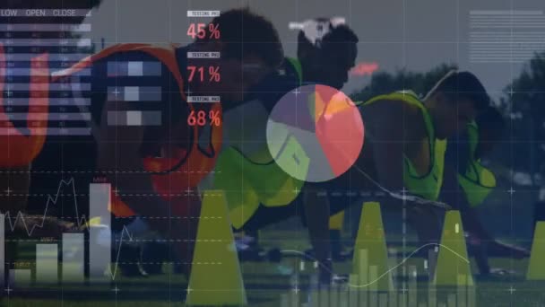 Animazione Elaborazione Dati Grafici Analisi Con Team Sportivi Che Allenano — Video Stock