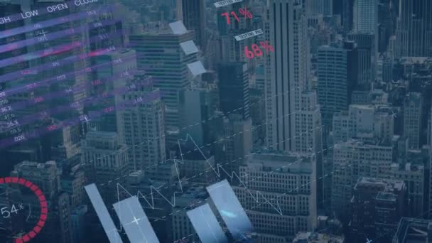 Animazione Dell Elaborazione Dei Dati Digitali Finanziari Durante Paesaggio Urbano — Video Stock