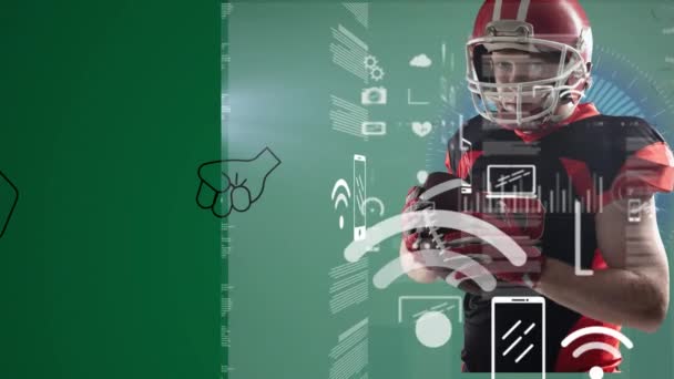 アメリカのサッカー選手に関するデータ処理のアニメーション グローバルビジネスとデータ処理の概念デジタル生成ビデオ — ストック動画