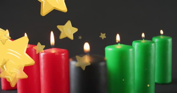 Animação Estrelas Douradas Caindo Sobre Velas Kwanzaa Fundo Preto Kwanzaa — Vídeo de Stock