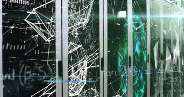 Sunucu odasında veri işleme resmi. küresel iş ve dijital arayüz kavramı dijital olarak oluşturulmuş görüntü.