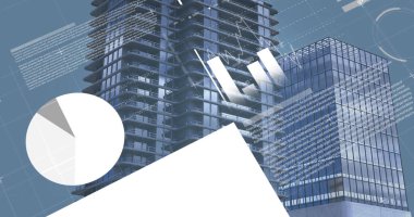 Şehir manzarası üzerinde veri işleme ile istatistiklerin resmi. Küresel iş, finans ve veri işleme kavramı dijital olarak oluşturulmuş görüntü.