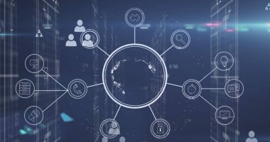 Şehir manzarası üzerindeki veri işleme ve simgelerin resmi. Dijital arayüz ve dijital arayüz konsepti dijital olarak oluşturulmuş görüntüler.