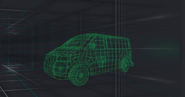 Siyah zemin üzerinde 3D araba modeli resmi. Küresel mühendislik ve otomotiv kavramı dijital olarak oluşturulmuş görüntü.