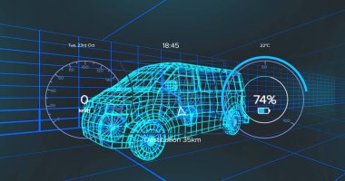 Koyu arkaplanda 3D model ve ızgara var. Küresel bağlantılar ve veri işleme kavramı dijital resim oluşturuldu.