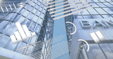 Şehir manzarası üzerinde veri işleme resmi. küresel iş ve dijital arayüz kavramı dijital olarak oluşturulmuş görüntü.